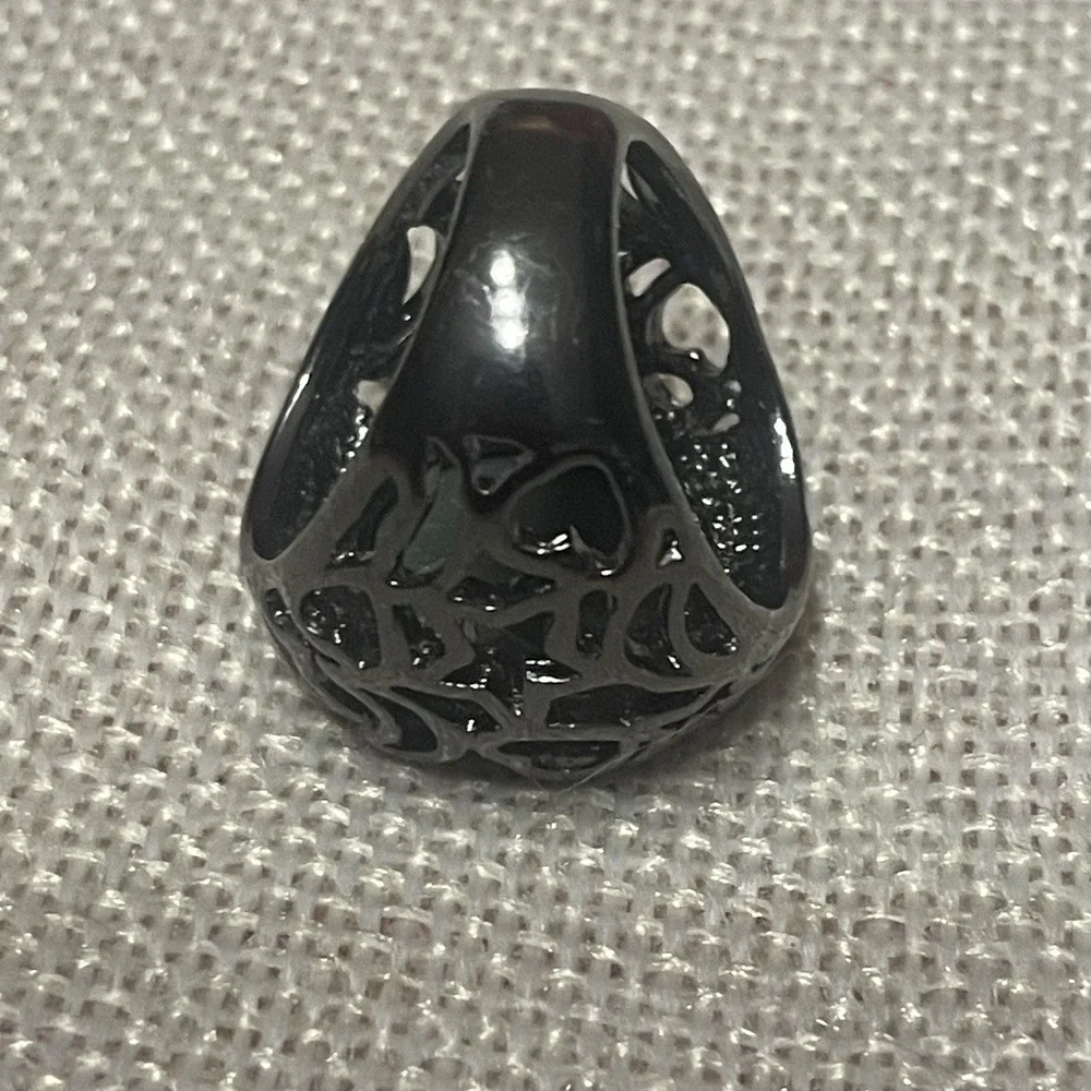 Black Dome Ring Dark Glam Goth Fantasy Hearts Stars Crescent Moon Celestial Sz 8